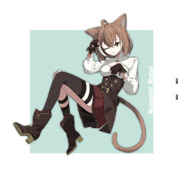 Rule 34 | 1girl, absurdres, ahoge, animal ears, ankle boots, asymmetrical legwear, belt, boots, braid, braided bangs, brown corset, brown eyes, brown hair, cat ears, cat girl, cat tail, character name, cleavage cutout, clothing cutout, corset, gloves, highres, hololive, hololive english, knee strap, kneehighs, looking at viewer, multicolored hair, nanashi mumei, one eye closed, partially fingerless gloves, paw pose, pleated skirt, red skirt, saruissaart, shirt, short hair, single kneehigh, single sock, single thighhigh, skirt, socks, streaked hair, tail, thigh strap, thighhighs, virtual youtuber, white shirt