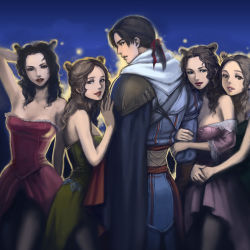Rule 34 | 1boy, 3459ym, 4girls, assassin&#039;s creed, assassin&#039;s creed (series), assassin&#039;s creed ii, black hair, breasts, brown eyes, brown hair, cape, cleavage, courtesan, dress, ezio auditore da firenze, long hair, looking back, manly, multiple girls, pimp, ponytail, prostitution, smile