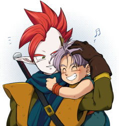 Rule 34 | 2boys, blue background, child, closed eyes, dragon ball, dragonball z, gloves, green eyes, hand on another&#039;s head, hug, hug from behind, looking at another, male focus, mohawk, multiple boys, musical note, petagon, purple hair, red hair, scarf, short hair, simple background, smile, sword, tapion, trunks (dragon ball), weapon, white background, wristband