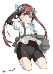 Rule 34 | 10s, 1girl, arm up, arm warmers, asagumo (kancolle), ascot, bad id, bad twitter id, black eyes, blue bow, bow, breasts, brown hair, collared shirt, cowboy shot, cropped legs, ebifurya, grey skirt, hair bow, hand on own head, highres, inactive account, kantai collection, long hair, looking at viewer, navel, pleated skirt, shirt, short sleeves, shorts, shorts under skirt, simple background, skirt, small breasts, solo, suspender skirt, suspenders, twintails, twitter username, upskirt, white background, white shirt