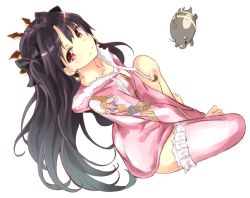 Rule 34 | 1girl, barefoot, black hair, closed mouth, commentary request, crown, dutch angle, fate/grand order, fate (series), fur trim, fuu (fuore), highres, hood, hooded jacket, indian style, ishtar (fate), jacket, long hair, long sleeves, looking at viewer, pink jacket, red eyes, simple background, single thighhigh, sitting, smile, solo, thighhighs, tohsaka rin, white background