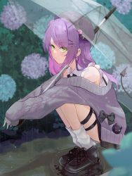 Rule 34 | 1girl, absurdres, beret, blouse, earrings, flower, frills, green eyes, hair ornament, hairclip, hat, highres, hololive, hydrangea, jewelry, long hair, looking at viewer, nixin404, purple hair, rain, shirt, sleeveless, sleeves past wrists, solo, squatting, thighs, tokoyami towa, umbrella, virtual youtuber