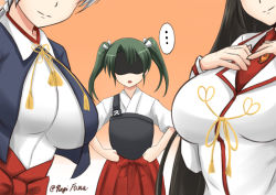 Rule 34 | ..., 10s, 3girls, black hair, breast envy, breasts, chitose (kancolle), flat chest, fuuma nagi, green hair, grey hair, hands on own chest, head out of frame, hiyou (kancolle), japanese clothes, kantai collection, large breasts, long hair, multiple girls, muneate, short hair, smile, twitter username, zuikaku (kancolle)