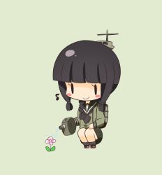 Rule 34 | 10s, 1girl, bad id, bad pixiv id, black hair, blunt bangs, blush stickers, braid, chibi, flower, hair over shoulder, kakihito shirazu, kantai collection, kitakami (kancolle), machinery, musical note, personification, quaver, single braid, smile, solo, squatting, turret, watering, watering can