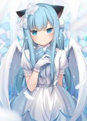 Rule 34 | 1girl, amashiro natsuki, angel wings, animal ears, blue bow, blue eyes, blue hair, blurry, blurry background, blush, bow, cat ears, closed mouth, commentary request, depth of field, dress, feathered wings, flower, gloves, grey dress, hair between eyes, hair bow, hair flower, hair ornament, hand up, head tilt, highres, long hair, original, puffy short sleeves, puffy sleeves, short sleeves, smile, solo, transparent, very long hair, white bow, white flower, white gloves, white wings, wings