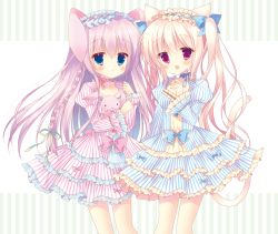 Rule 34 | 2girls, animal ears, blue eyes, blush, breasts, rabbit, cat ears, cat tail, dress, long hair, looking at viewer, medium breasts, multiple girls, open mouth, original, purple eyes, rabbit ears, sumii, tail, white background
