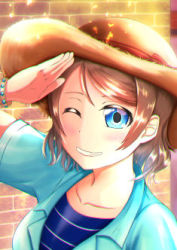 Rule 34 | 1girl, aqua jacket, artist name, artist request, blue eyes, blue shirt, blush, bracelet, collarbone, collared jacket, female focus, grey hair, hat, jacket, jewelry, light brown hair, looking at viewer, love live!, love live! school idol festival, love live! sunshine!!, lowres, masa sevenred, masakazu yamato (masa sevenred), one eye closed, parted lips, salute, shirt, short hair, smile, solo, straw hat, striped clothes, striped shirt, watanabe you