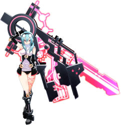 Rule 34 | 1girl, ankh, black gloves, blue hair, cosmic break, cross, detached sleeves, gisele noire, gloves, gun, hair ornament, hairband, jewelry, key, keyhole, lock, necklace, ponytail, red eyes, simple background, solo, tattoo, thigh gap, weapon