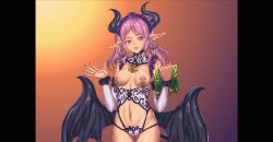 Rule 34 | 1girl, animated, animated gif, artist request, demon girl, demon wings, female focus, gradient background, horns, jumping, looking at viewer, maria saint, monster girl, navel, nipple piercing, piercing, pointy ears, simple background, single horn, solo, wings, youma shoukan e youkoso