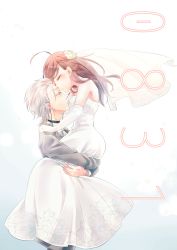 Rule 34 | 1boy, 1girl, accelerator (toaru majutsu no index), ahoge, albino, alternate hairstyle, bare shoulders, bridal veil, brown hair, carrying, choker, couple, dated, dress, elbow gloves, formal, gloves, hetero, highres, husband and wife, imminent kiss, jewelry, last order (toaru majutsu no index), long hair, aged up, red eyes, reimei (1988), ring, strapless, strapless dress, suit, toaru majutsu no index, veil, wedding, wedding band, wedding dress, white dress, white gloves, white hair