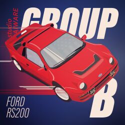 Rule 34 | artist name, blue background, car, ford, ford rs200, highres, kaiware, motion lines, motor vehicle, no humans, original, race vehicle, racecar, rally car, red car, vehicle focus