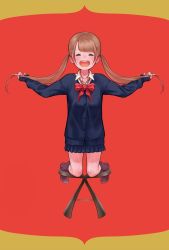 Rule 34 | 1girl, black sweater, bow, bowtie, brown hair, closed eyes, collared shirt, full body, hands up, highres, long hair, miyoshi yoshimi, open mouth, original, red background, red bow, red bowtie, shirt, sleeves past wrists, smile, solo, standing, sweater, twintails, white shirt