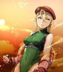 Rule 34 | 1girl, ahoge, aqua eyes, bare shoulders, blonde hair, braid, breasts, cammy white, clenched hands, cloud, covered navel, enami katsumi, facial scar, fingerless gloves, garrison cap, gloves, green leotard, harness, hat, highres, leotard, long hair, looking away, medium breasts, parted lips, red gloves, red hat, scar, scar on cheek, scar on face, sky, sleeveless, solo, standing, street fighter, street fighter v, sunset, thong leotard, twin braids