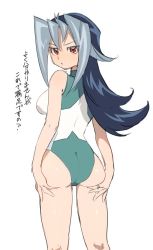 Rule 34 | 1girl, ass, ass grab, blue eyes, blue hair, blush, breasts, curvy, kamishiro rio, knhrpnkt, long hair, looking at viewer, looking back, medium breasts, one-piece swimsuit, red eyes, shiny skin, solo, swimsuit, thighs, translation request, yu-gi-oh!, yuu-gi-ou, yuu-gi-ou zexal