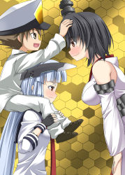 Rule 34 | 10s, 1boy, 2girls, admiral (kancolle), black hair, blue hair, blunt bangs, blush, breast envy, breasts, brown eyes, brown hair, carrying, commentary request, detached sleeves, dress, epaulettes, fingerless gloves, gloves, hair ornament, hand on another&#039;s head, hat, headgear, highres, japanese clothes, kantai collection, large breasts, leaning forward, little boy admiral (kancolle), long hair, military, military hat, military uniform, multiple girls, murakumo (kancolle), necktie, nontraditional miko, open mouth, oversized clothes, pants, peaked cap, rappa (rappaya), red skirt, sailor dress, short hair, shoulder carry, sidelocks, skirt, small breasts, smile, uniform, wide sleeves, yamashiro (kancolle)