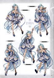 Rule 34 | 10s, 1girl, absurdly long hair, absurdres, armpits, arms up, asymmetrical legwear, bare shoulders, blue eyes, blue hair, character name, collarbone, detached sleeves, dress, elbow gloves, gloves, granblue fantasy, hair ornament, hand on own hip, highres, holding, long hair, looking at viewer, lyria (granblue fantasy), microphone, minaba hideo, multiple views, non-web source, official art, one eye closed, open mouth, ribbon, scan, shoes, short dress, simple background, sleeveless, smile, uneven legwear, very long hair, white legwear