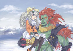 Rule 34 | 1boy, 1girl, aoba-k, bow, carrying, drill hair, green eyes, height difference, maria balthasar, pantyhose, red hair, ricardo banderas, silver hair, size difference, xeno (series), xenogears, yellow bow, yellow eyes