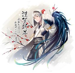 Rule 34 | 10s, 1boy, animal on arm, bird, bird on arm, black gloves, branch, chicken, chinese zodiac, flower, gloves, highres, hood, japanese clothes, male focus, new year, partially fingerless gloves, rei (usabiba), rooster, smile, snow, snowing, touken ranbu, translation request, tsurumaru kuninaga, white hair, year of the rooster, yellow eyes