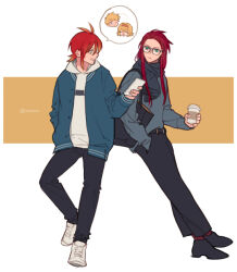 Rule 34 | 2boys, alternate costume, asch (tales), belt, bespectacled, black footwear, black pants, blue eyes, blue scarf, coffee cup, commentary request, cup, disposable cup, glasses, guy cecil, hand in pocket, holding, holding cup, holding phone, long hair, luke fon fabre, male focus, medium hair, meiji (pecosyr5), multiple boys, natalia luzu kimlasca lanvaldear, pants, phone, red hair, scarf, shoes, simple background, smile, spoken character, tales of (series), tales of the abyss, teeth, two-tone background, white background, white footwear, yellow background