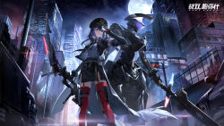 Rule 34 | alisa (punishing: gray raven), armor, artist request, bow (weapon), building, car, city, cityscape, cuffs, echo (punishing: gray raven), full moon, handcuffs, hat, highres, holding, holding bow (weapon), holding weapon, jacket, looking at viewer, mechanical parts, military hat, military uniform, moon, motor vehicle, necktie, night, night sky, official art, punishing: gray raven, purple eyes, purple hair, sky, star (sky), starry sky, thigh strap, thighhighs, truck, uniform, weapon