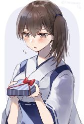 Rule 34 | 1girl, adapted costume, blue hakama, brown eyes, brown hair, commentary request, gift, grey background, hakama, hakama skirt, hatomaru (hatomaru56), highres, japanese clothes, kaga (kancolle), kantai collection, long hair, one-hour drawing challenge, ribbon trim, side ponytail, skirt, solo, tasuki, two-tone background