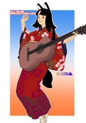 Rule 34 | 1girl, 2018, absurdres, acoustic guitar, animal ears, black eyes, black hair, blunt bangs, blush, chinese zodiac, commentary request, dog ears, dog tail, floral print, futoshi slim, gradient background, guitar, hands up, highres, holding, holding instrument, instrument, japanese clothes, kimono, long sleeves, looking at viewer, medium hair, multicolored background, obi, original, parted bangs, red kimono, sash, smile, solo, tail, wide sleeves, year of the dog