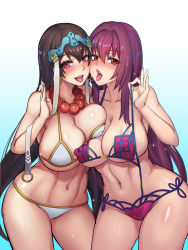 Rule 34 | bare shoulders, beads, bikini, blue background, blush, breasts, brown hair, cleavage, collarbone, covered erect nipples, earrings, fate/grand order, fate (series), gradient background, hair between eyes, headpiece, highres, hoop earrings, jewelry, large breasts, long hair, looking at viewer, navel, open mouth, purple bikini, purple eyes, purple hair, qblade, red eyes, scathach (fate), scathach (fate/grand order), scathach (swimsuit assassin) (fate), smile, sparkle, swimsuit, untied bikini, white bikini, xuangzang sanzang (fate), yuri
