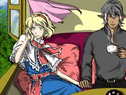 Rule 34 | 00s, 1boy, 1girl, alice margatroid, blonde hair, bow, buront, crossover, dress, final fantasy, final fantasy xi, green eyes, hairband, holding hands, hetero, maruman, pointy ears, silver hair, smile, the iron of yin and yang, touhou