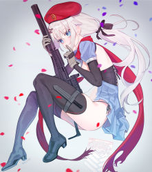 Rule 34 | 1girl, 9a-91, 9a-91 (girls&#039; frontline), assault rifle, beijuu, beret, black footwear, blue eyes, boots, breasts, bright pupils, brown gloves, corset, dagger, finger to mouth, full body, girls&#039; frontline, gloves, gun, hair ornament, hair ribbon, hat, knife, long hair, looking at viewer, low ponytail, medium breasts, panties, petals, red scarf, ribbon, rifle, scarf, see-through, side-tie panties, sideboob, sidelocks, silver hair, solo, string panties, thigh boots, thighhighs, underwear, weapon