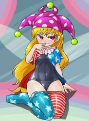 Rule 34 | 1girl, american flag dress, american flag legwear, blonde hair, clothes pull, clownpiece, covered navel, dress, fairy wings, full body, hat, jester cap, long hair, naughty face, neck ruff, one-piece swimsuit, open clothes, open dress, pantyhose, pantyhose pull, pink eyes, polka dot, school swimsuit, short dress, short sleeves, solo, star (symbol), star print, striped clothes, striped pantyhose, swimsuit, swimsuit under clothes, touhou, very long hair, wings, winn