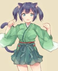 Rule 34 | 10s, 1girl, animal ears, blue hair, breasts, brown background, cat ears, green eyes, hair ribbon, highres, japanese clothes, kantai collection, kemonomimi mode, komachi narota, large breasts, looking at viewer, open mouth, paw pose, pleated skirt, ribbon, simple background, skirt, smile, solo, souryuu (kancolle), standing, twintails, wide sleeves