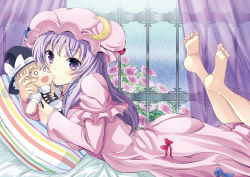 Rule 34 | 1girl, bad feet, bad proportions, barefoot, black dress, blonde hair, blush, blush stickers, braid, character doll, crescent, dress, female focus, flower, gin&#039;ichi (akacia), hat, kirisame marisa, kiss, legs up, lying, on stomach, open mouth, patchouli knowledge, pillow, pink dress, pink flower, pink rose, purple eyes, rose, smile, solo, the pose, touhou, window, witch, witch hat