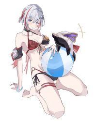 1girl absurdres ball bare_legs bare_shoulders barefoot beachball bikini black_bikini blue_eyes bracelet breasts collarbone double_bikini hair_ornament highres honkai:_star_rail honkai_(series) jewelry medium_breasts multicolored_hair numby_(honkai:_star_rail) red_bikini red_eyes ren_(renjiyu) seiza short_hair simple_background sitting stomach streaked_hair swimsuit thigh_strap topaz_(honkai:_star_rail) trotter_(honkai:_star_rail) two-tone_bikini two-tone_hair white_background white_hair