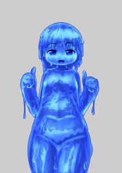Rule 34 | 1girl, blue eyes, blue hair, blue skin, colored skin, flat chest, monster girl, no nipples, parted lips, slime girl, smile, solo, thumbs up