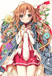 Rule 34 | 10s, 1girl, asuna (sao), blush, braid, brown eyes, brown hair, coat, flower, hands on own chest, jewelry, long hair, long sleeves, looking at viewer, lying, on back, open clothes, open coat, petals, ring, shino (eefy), shirt, skirt, smile, solo, sword art online, very long hair