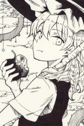 Rule 34 | 1girl, akizuki maku, apple, braid, closed mouth, eating, food, from side, fruit, greyscale, hair between eyes, hat, holding, holding food, holding fruit, kirisame marisa, looking at viewer, monochrome, short sleeves, side braid, single braid, solo, star (symbol), touhou, upper body, witch hat