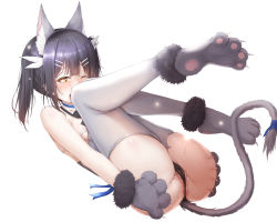 Rule 34 | 1girl, animal ears, animal hands, anus, anus peek, areola slip, ass, black hair, black panties, blue ribbon, breasts, cameltoe, commentary request, crying, crying with eyes open, fate/kaleid liner prisma illya, fate (series), full body, gloves, grey thighhighs, grey vest, hair ornament, hairclip, hands on own ass, heart, heart-shaped pupils, highres, legs up, looking at viewer, lying, medium hair, miyu edelfelt, on back, one eye closed, open mouth, panties, paw gloves, paw shoes, pussy juice, ribbon, riuji, shoes, sidelocks, simple background, small breasts, solo, spread ass, symbol-shaped pupils, tail, tail raised, tears, thighhighs, twintails, underwear, vest, white background, yellow eyes