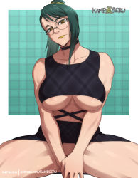 Rule 34 | breasts, choker, cleavage cutout, clothing cutout, covering privates, covering crotch, glasses, green hair, hanging breasts, jujutsu kaisen, kameseru, looking at viewer, muscular arms, ponytail, zen&#039;in maki, zenin maki