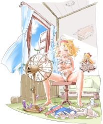 Rule 34 | 1girl, = =, ahoge, alice margatroid, bare legs, bare shoulders, barefoot, blonde hair, bloomers, blush, bow, bra, bra lift, breasts, cleavage, unworn clothes, couch, crystal, curtains, detached wings, doll, electric fan, closed eyes, hand fan, female focus, fifiruu, glass, hair bow, hairband, hot, hourai doll, indoors, large breasts, leaf, long hair, messy hair, panties, potion, short hair, sitting, solo, spread legs, sweat, table, touhou, tray, underboob, underwear, underwear only, water, white bra, white panties, window, wings