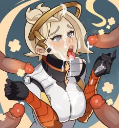 Rule 34 | 1girl, blonde hair, bukkake, cum, cum on body, cum on upper body, facial, halo, highres, mechanical halo, mercy (overwatch), open mouth, overwatch, overwatch 1, penis, solo focus, splashbrush, surrounded by penises, tongue, tongue out, uncensored