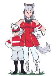 1boy 1girl absurdres animal_ears arm_around_waist black_footwear boots breasts dress ear_covers gloves gold_ship_(umamusume) grey_hair hand_on_another&#039;s_head height_difference highres horse_ears horse_girl horse_tail japvs large_breasts long_hair pillbox_hat red_dress simple_background sleeveless sleeveless_dress smile solo tail tall_female umamusume white_footwear white_gloves