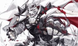 Rule 34 | 1boy, animal ears, arknights, black tank top, blood, blood splatter, brass knuckles, chain, chain necklace, covered abs, dog tags, fighting stance, foreshortening, furry, furry male, jewelry, male focus, mountain (arknights), muscular, muscular male, necklace, pants, pectorals, scar, scar across eye, scar on face, short hair, solo, tank top, tiger boy, tiger ears, tiger stripes, weapon, white fur, white pants, wind, yukiusagi1983