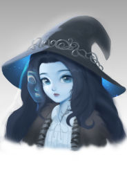 Rule 34 | 1girl, absurdres, black hair, black hat, blue eyes, blue skin, cape, closed mouth, colored skin, cracked skin, elden ring, extra faces, facial mark, hat, hat ornament, highres, lips, long hair, looking at viewer, mu mu xiansheng, portrait, ranni the witch, solo, starry sky print, upper body, witch hat