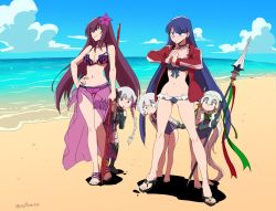 Rule 34 | 10s, 5girls, :o, asaya minoru, bandaged arm, bandages, bare arms, bare legs, bare shoulders, barefoot, beach, bell, bikini, black bikini, black bow, black footwear, black gloves, black legwear, blue eyes, blue hair, blue one-piece swimsuit, blue sky, bow, braid, breasts, brown eyes, capelet, cleavage, closed mouth, cloud, cracking knuckles, day, elbow gloves, facial scar, fate/extra, fate/grand order, fate (series), fist in hand, flower, fur-trimmed capelet, fur trim, gloves, green bow, green eyes, green ribbon, groin, hair between eyes, hair bow, hair flower, hair ornament, hand on own hip, hands up, head tilt, headpiece, holding, holding lance, holding polearm, holding spear, holding weapon, horizon, jack the ripper (fate/apocrypha), jacket, jeanne d&#039;arc (fate), jeanne d&#039;arc alter santa lily (fate), jeanne d&#039;arc alter santa lily (summer little) (fate), lance, long hair, long sleeves, low twintails, martha (fate), martha (swimsuit ruler) (fate), martha (swimsuit ruler) (second ascension) (fate), medium breasts, multiple girls, navel, no shoes, nursery rhyme (fate), ocean, one-piece swimsuit, open clothes, open jacket, outdoors, own hands together, parted lips, peeking out, polearm, purple bikini, purple eyes, purple flower, purple hair, red jacket, ribbon, sand, sandals, scar, scar across eye, scar on cheek, scar on face, scathach (fate), scathach (fate/grand order), scathach (swimsuit assassin) (fate), school swimsuit, see-through, short hair, shoulder tattoo, silver hair, single glove, sky, smile, spear, standing, striped bow, striped ribbon, swimsuit, tattoo, thighhighs, track jacket, twin braids, twintails, twitter username, v-shaped eyebrows, very long hair, water, weapon, white capelet