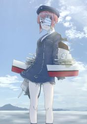 Rule 34 | 1girl, amputee, bandages, bandage over one eye, breasts, brown eyes, brown hair, clothes writing, cloud, day, dress, hat, highres, injury, kantai collection, long sleeves, mechanical parts, mountain, nito (nshtntr), ocean, outdoors, rigging, sailor collar, sailor dress, sailor hat, short hair, sky, small breasts, smile, socks, solo, water, z3 max schultz (kancolle)