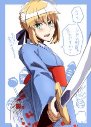Rule 34 | 1girl, ahoge, artoria pendragon (fate), blonde hair, blush, breasts, fate/stay night, fate (series), green eyes, kimono, open mouth, saber (fate), short hair, sword, weapon