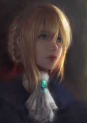 Rule 34 | 10s, 1girl, blonde hair, blue dress, blue eyes, braid, closed mouth, dress, hair between eyes, lips, long hair, looking afar, nose, portrait, solo, viet le quoc, violet evergarden, violet evergarden (series)