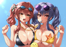 Rule 34 | 2girls, asymmetrical docking, azur lane, bikini, black bikini, blue sky, breast press, breasts, commentary request, convenient censoring, goggles, goggles on head, hiraga daidai, italian flag, large breasts, long hair, looking at viewer, manjuu (azur lane), multi-strapped bikini, multiple girls, multiple straps, o-ring, o-ring bikini, official alternate costume, open mouth, orange eyes, pola (azur lane), pola (seaside coincidence) (azur lane), pulling own clothes, purple eyes, purple hair, red hair, side ponytail, skindentation, sky, starfish, strap pull, swimsuit, teeth, twintails, upper body, upper teeth only, wet, wet clothes, whistle, whistle around neck, yellow bikini, zara (azur lane), zara (poolside coincidence) (azur lane)