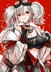 Rule 34 | 1girl, absurdres, azur lane, bare shoulders, black gloves, bra, breasts, cleavage, coat, finger to cheek, fingerless gloves, fur-trimmed coat, fur trim, gloves, goggles, goggles on head, grey pants, hair between eyes, highres, large breasts, long hair, midorino (green-happy), multicolored hair, open clothes, open coat, pants, prinz adalbert (azur lane), red background, red eyes, red hair, simple background, smile, solo, streaked hair, torn bra, torn clothes, twintails, two-tone hair, underwear, white coat, white hair
