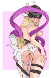 Rule 34 | 1girl, angewomon, anus, ass, blonde hair, bodysuit, breasts, censored, digimon, digimon adventure, covered erect nipples, from behind, helmet, highres, looking at viewer, medium breasts, mosaic censoring, naughty face, nipples, pussy, smile, solo